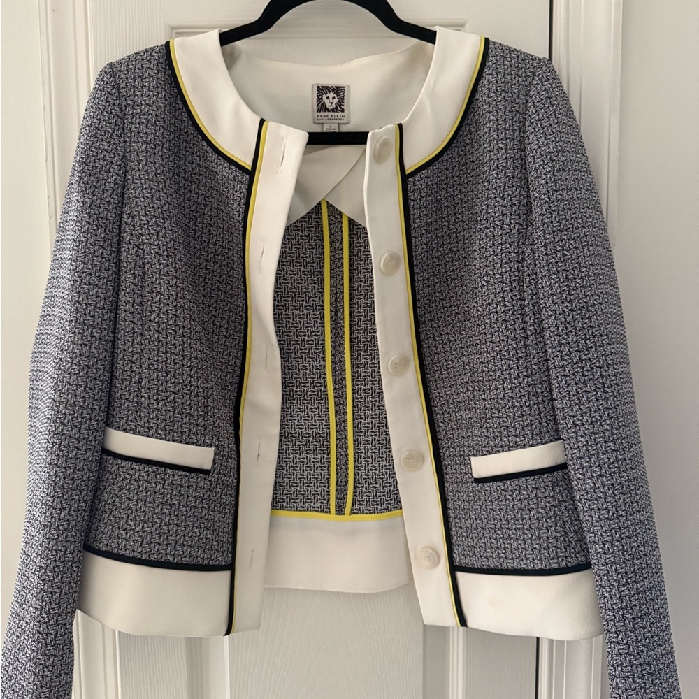 Ak Chic Black & White Tweed Pattern Blazer with Neon Yellow Trim Size Small